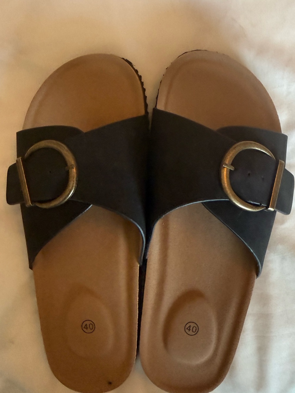 Womens Black faux suede Slide Sandals with gold Buckle